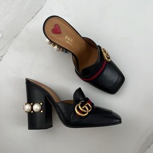 Gucci Black Leather GG Pearl Embellished Web Detail Loafer Mule Sandals Sz 381/2